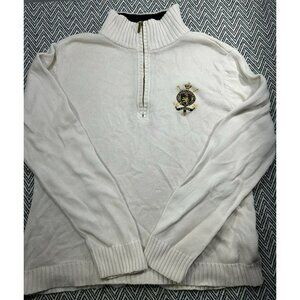Lauren Ralph Lauren White Crest Embroidered Half-Zip Sweater XL 100% Cotton Clas